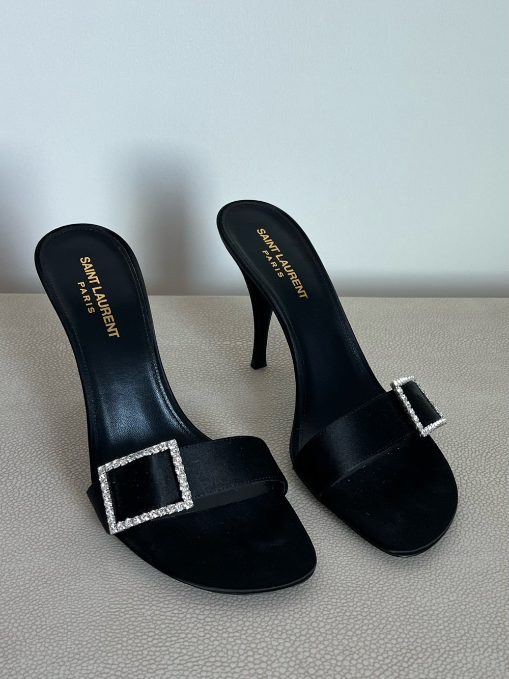 Saint Laurent Black Satin Crystal-Buckle High Heel Mules